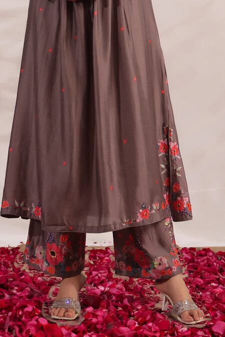 Label Niti Bothra Brown Silk Beads, Sequins, Embroidery V-neck Bahaar Printed Kurta And Palazzo Set Online at Aza Fashions Label Niti Bothra_Brown Silk Beads, Sequins, Embroidery V-neck Bahaar Printed Kurta And Palazzo Set _Online_at_Aza_Fashions