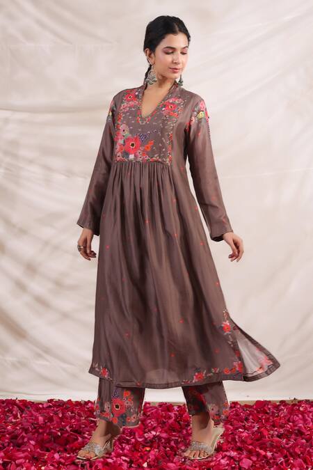 Buy_Label Niti Bothra_Brown Silk Beads, Sequins, Embroidery V-neck Bahaar Printed Kurta And Palazzo Set _Online_at_Aza_Fashions