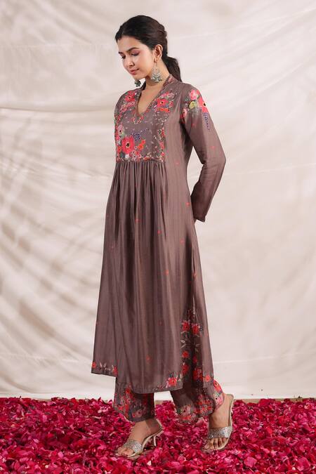 Shop_Label Niti Bothra_Brown Silk Beads, Sequins, Embroidery V-neck Bahaar Printed Kurta And Palazzo Set _Online_at_Aza_Fashions