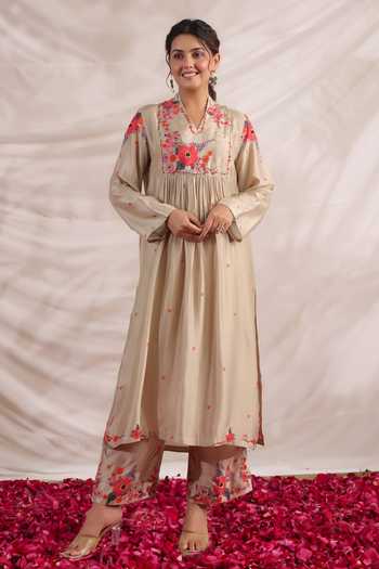 Label Niti Bothra_Ivory Silk Sequins, Beads, Bahaar Gathered Printed Kurta And Palazzo Set _Online_at_Aza_Fashions