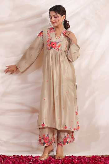 Label Niti Bothra_Ivory Silk Sequins, Beads, Bahaar Gathered Printed Kurta And Palazzo Set _at_Aza_Fashions