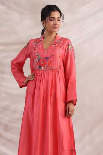 Buy_Label Niti Bothra_Pink Silk Sequins, Beads, Embroidery V-neck Bahaar Printed Kurta And Palazzo Set _Online_at_Aza_Fashions
