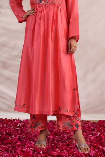 Shop_Label Niti Bothra_Pink Silk Sequins, Beads, Embroidery V-neck Bahaar Printed Kurta And Palazzo Set _Online_at_Aza_Fashions
