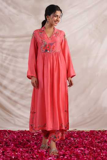 Label Niti Bothra_Pink Silk Sequins, Beads, Embroidery V-neck Bahaar Printed Kurta And Palazzo Set _at_Aza_Fashions
