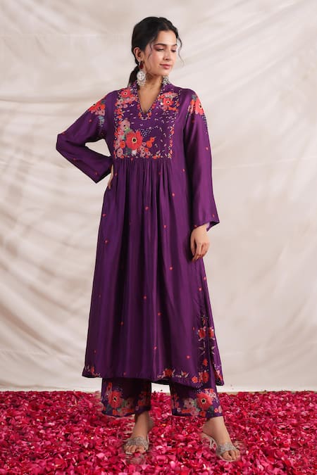 Label Niti Bothra Purple Silk Printed And Hand Embroidered Floral Bahaar Kurta & Palazzo Set 