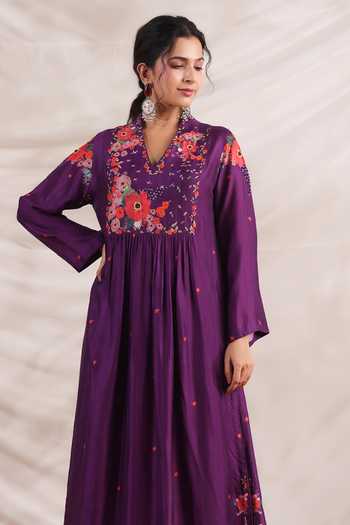Label Niti Bothra_Purple Silk Embroidery V-neck Bahaar Printed Kurta And Palazzo Set _Online_at_Aza_Fashions