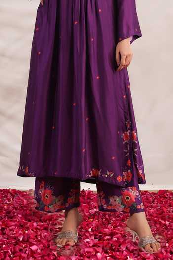 Buy_Label Niti Bothra_Purple Silk Embroidery V-neck Bahaar Printed Kurta And Palazzo Set _Online_at_Aza_Fashions