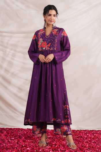 Shop_Label Niti Bothra_Purple Silk Embroidery V-neck Bahaar Printed Kurta And Palazzo Set _Online_at_Aza_Fashions