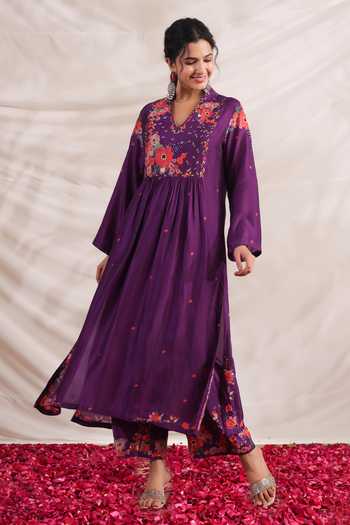 Label Niti Bothra_Purple Silk Embroidery V-neck Bahaar Printed Kurta And Palazzo Set _at_Aza_Fashions
