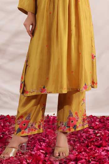 Label Niti Bothra_Yellow Silk Embroidery, Beads, Sequins V-neck Bahaar Printed Kurta With Palazzo _Online_at_Aza_Fashions