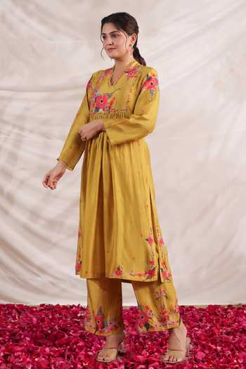 Buy_Label Niti Bothra_Yellow Silk Embroidery, Beads, Sequins V-neck Bahaar Printed Kurta With Palazzo _Online_at_Aza_Fashions