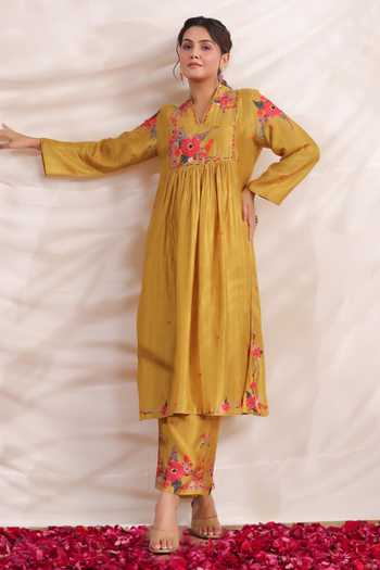 Shop_Label Niti Bothra_Yellow Silk Embroidery, Beads, Sequins V-neck Bahaar Printed Kurta With Palazzo _Online_at_Aza_Fashions