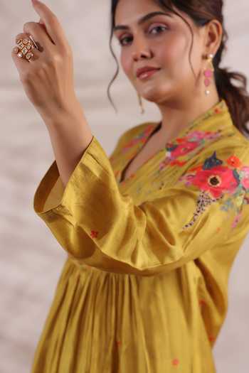 Label Niti Bothra_Yellow Silk Embroidery, Beads, Sequins V-neck Bahaar Printed Kurta With Palazzo _at_Aza_Fashions