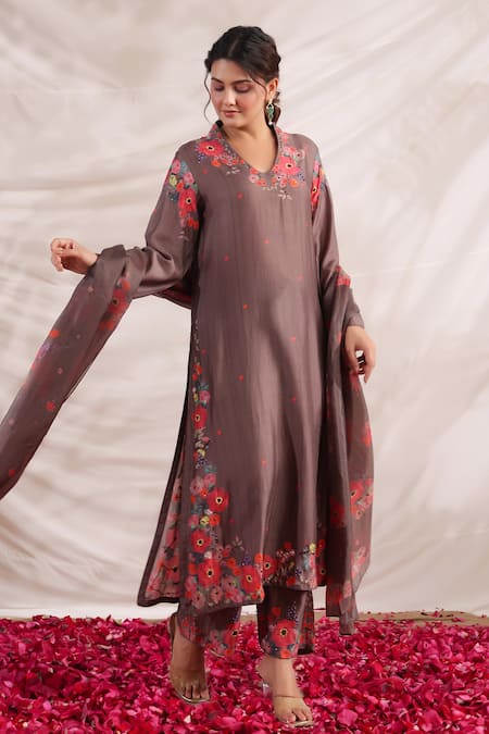 Shop_Label Niti Bothra_Brown Silk Embroidery, Beads, Sequins V-neck Bahaar Printed Kurta Palazzo Set _Online_at_Aza_Fashions