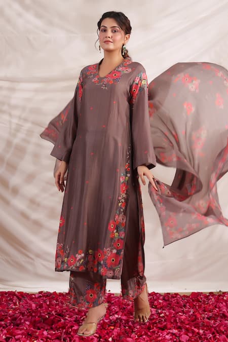 Label Niti Bothra_Brown Silk Embroidery, Beads, Sequins V-neck Bahaar Printed Kurta Palazzo Set _at_Aza_Fashions