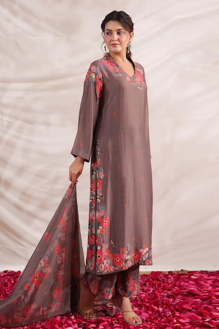 Buy_Label Niti Bothra_Brown Silk Embroidery, Beads, Sequins V-neck Bahaar Printed Kurta Palazzo Set 
