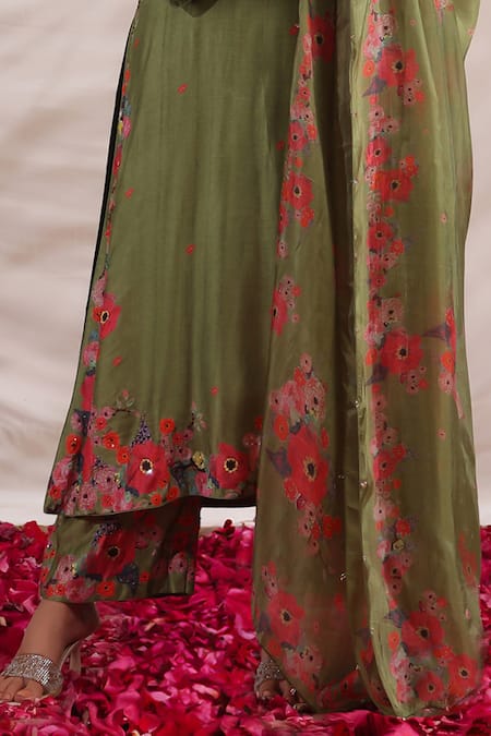 Buy_Label Niti Bothra_Green Silk, Muslin Embroidery, Beads, Sequins Bahaar Printed Kurta Palazzo Set _Online_at_Aza_Fashions