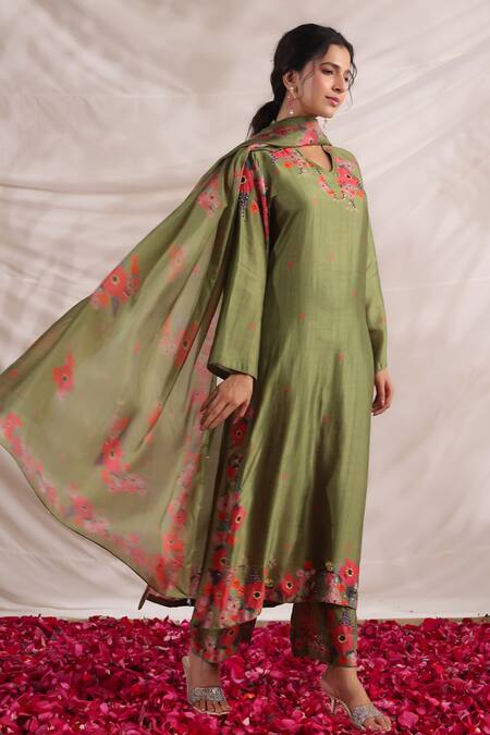 Shop_Label Niti Bothra_Green Silk, Muslin Embroidery, Beads, Sequins Bahaar Printed Kurta Palazzo Set _Online_at_Aza_Fashions