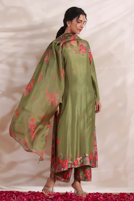 Label Niti Bothra_Green Silk, Muslin Embroidery, Beads, Sequins Bahaar Printed Kurta Palazzo Set _at_Aza_Fashions