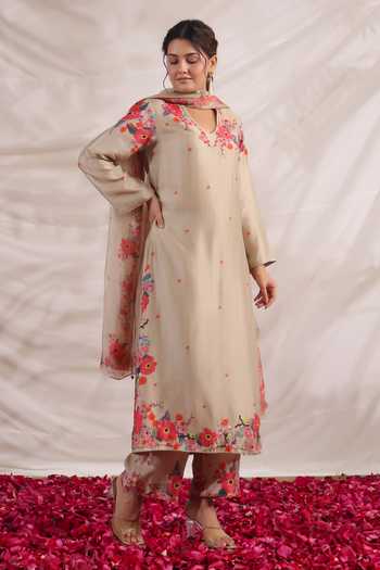 Label Niti Bothra_Ivory Silk Beads, Embroidery V-neck Bahaar Printed Kurta Palazzo Set _Online_at_Aza_Fashions