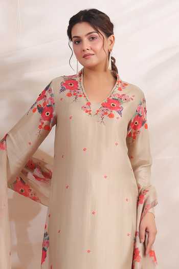 Buy_Label Niti Bothra_Ivory Silk Beads, Embroidery V-neck Bahaar Printed Kurta Palazzo Set _Online_at_Aza_Fashions