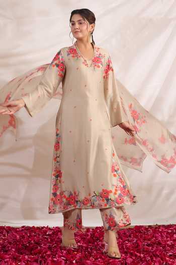 Label Niti Bothra_Ivory Silk Beads, Embroidery V-neck Bahaar Printed Kurta Palazzo Set _at_Aza_Fashions
