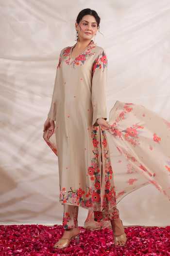 Buy_Label Niti Bothra_Ivory Silk Beads, Embroidery V-neck Bahaar Printed Kurta Palazzo Set 