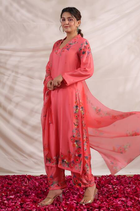 Label Niti Bothra_Pink Silk, Muslin Beads, Embroidery, Sequins V-neck Bahaar Printed And Kurta Set _Online_at_Aza_Fashions