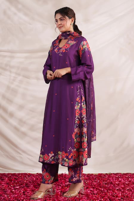 Buy_Label Niti Bothra_Purple Silk, Muslin Embroidery, Beads, Sequins V-neck Bahaar Printed Kurta Set _Online_at_Aza_Fashions