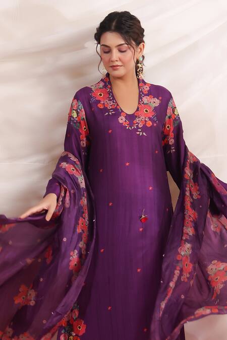 Shop_Label Niti Bothra_Purple Silk, Muslin Embroidery, Beads, Sequins V-neck Bahaar Printed Kurta Set _Online_at_Aza_Fashions
