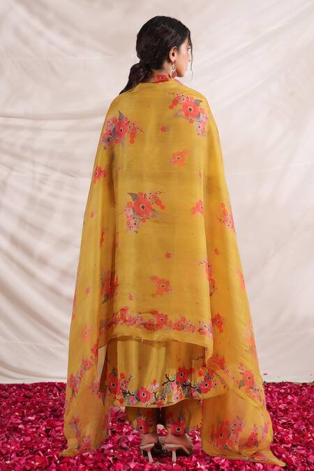 Shop_Label Niti Bothra_Yellow Silk Embroidery, Beads, Sequins V-neck Bahaar Printed And Palazzo Set _at_Aza_Fashions