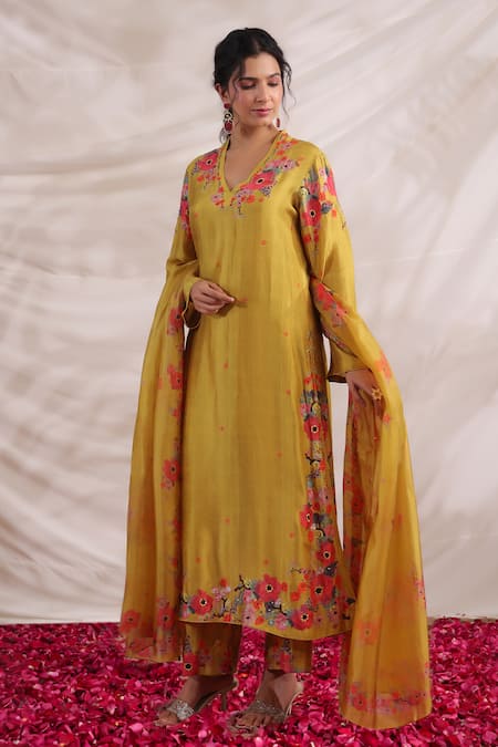 Label Niti Bothra_Yellow Silk Embroidery, Beads, Sequins V-neck Bahaar Printed And Palazzo Set _Online_at_Aza_Fashions