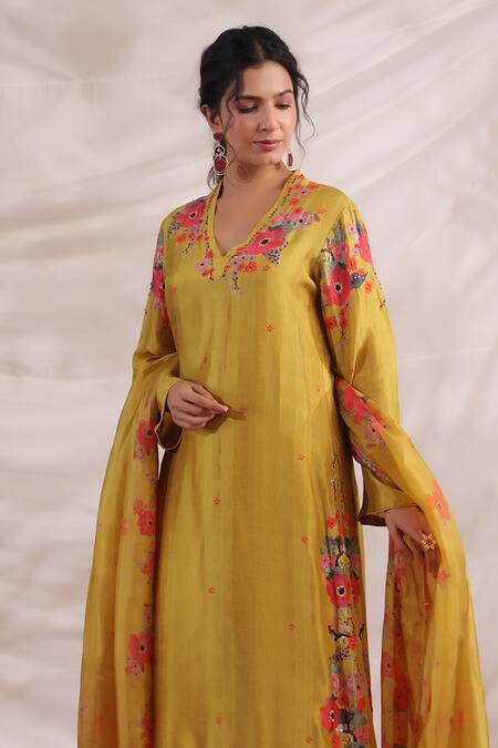 Buy Label Niti Bothra Yellow Silk Embroidery, Beads, Sequins V-neck Bahaar Printed And Palazzo Set Online at Aza Fashions Buy_Label Niti Bothra_Yellow Silk Embroidery, Beads, Sequins V-neck Bahaar Printed And Palazzo Set _Online_at_Aza_Fashions
