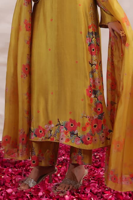 Shop Label Niti Bothra Yellow Silk Embroidery, Beads, Sequins V-neck Bahaar Printed And Palazzo Set Online at Aza Fashions Shop_Label Niti Bothra_Yellow Silk Embroidery, Beads, Sequins V-neck Bahaar Printed And Palazzo Set _Online_at_Aza_Fashions