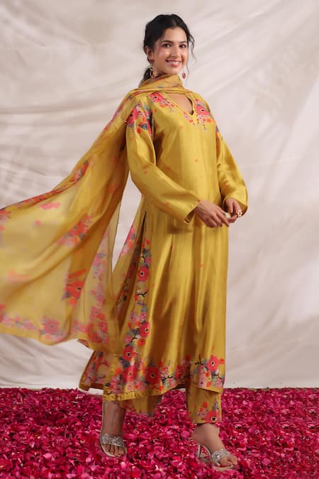 Label Niti Bothra_Yellow Silk Embroidery, Beads, Sequins V-neck Bahaar Printed And Palazzo Set _at_Aza_Fashions