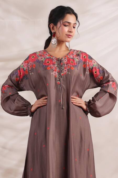 Label Niti Bothra Brown Silk Embroidery V-neck Bahaar Bloom Print Kurta And Palazzo Set Online at Aza Fashions Label Niti Bothra_Brown Silk Embroidery V-neck Bahaar Bloom Print Kurta And Palazzo Set _Online_at_Aza_Fashions