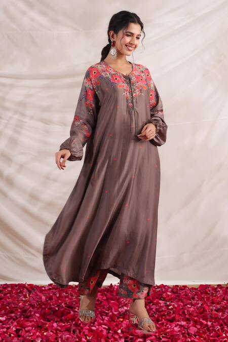 Shop_Label Niti Bothra_Brown Silk Embroidery V-neck Bahaar Bloom Print Kurta And Palazzo Set _Online_at_Aza_Fashions