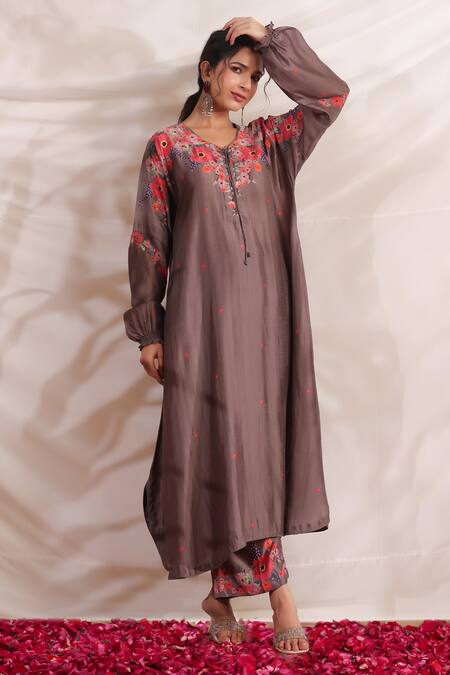 Label Niti Bothra_Brown Silk Embroidery V-neck Bahaar Bloom Print Kurta And Palazzo Set _at_Aza_Fashions