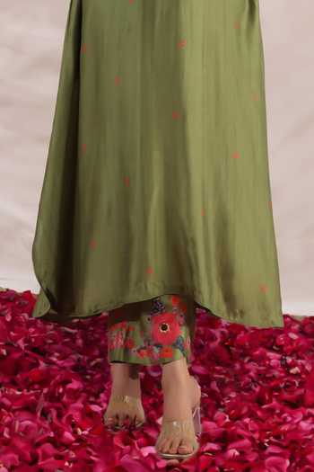 Label Niti Bothra_Green Silk Beads, Sequins V-neck Bahaar Bloom Print Kurta With Palazzo _Online_at_Aza_Fashions