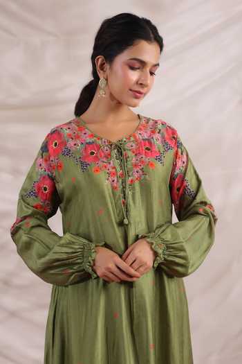 Shop_Label Niti Bothra_Green Silk Beads, Sequins V-neck Bahaar Bloom Print Kurta With Palazzo _Online_at_Aza_Fashions