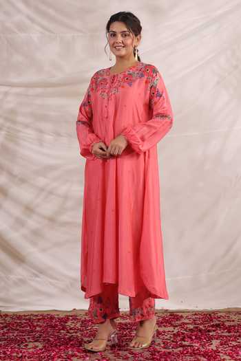Label Niti Bothra_Pink Silk Beads, Sequins, Bahaar Asymmetric Printed Kurta And Palazzo Set _Online_at_Aza_Fashions