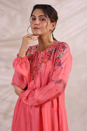 Shop_Label Niti Bothra_Pink Silk Beads, Sequins, Bahaar Asymmetric Printed Kurta And Palazzo Set _Online_at_Aza_Fashions