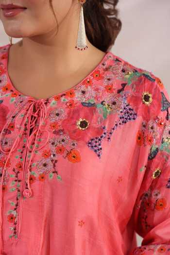 Label Niti Bothra_Pink Silk Beads, Sequins, Bahaar Asymmetric Printed Kurta And Palazzo Set _at_Aza_Fashions