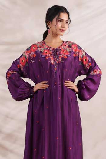 Label Niti Bothra Purple Silk Sequins, Beads, Bahaar Printed Asymmetric Kurta And Palazzo Set Online at Aza Fashions Label Niti Bothra_Purple Silk Sequins, Beads, Bahaar Printed Asymmetric Kurta And Palazzo Set _Online_at_Aza_Fashions
