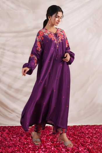 Shop_Label Niti Bothra_Purple Silk Sequins, Beads, Bahaar Printed Asymmetric Kurta And Palazzo Set _Online_at_Aza_Fashions