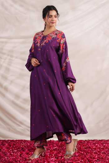 Label Niti Bothra_Purple Silk Sequins, Beads, Bahaar Printed Asymmetric Kurta And Palazzo Set _at_Aza_Fashions
