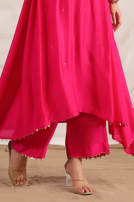Buy_Label Niti Bothra_Pink Silk Sequins, Embroidery V-neck Pankh Anarkali And Palazzo Set _Online_at_Aza_Fashions