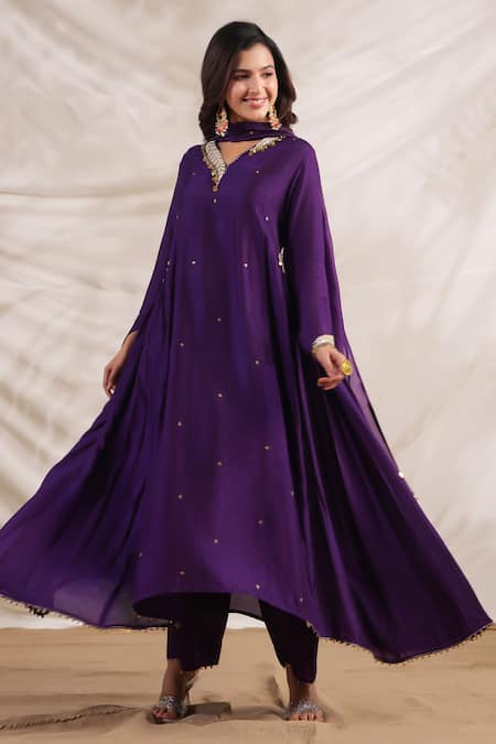Label Niti Bothra_Purple Silk Sequins, Embroidery V-neck Pankh Placement Anarkali And Palazzo Set _Online_at_Aza_Fashions