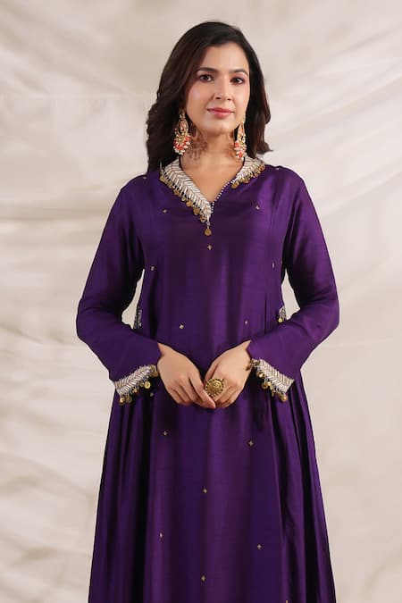 Buy_Label Niti Bothra_Purple Silk Sequins, Embroidery V-neck Pankh Placement Anarkali And Palazzo Set _Online_at_Aza_Fashions