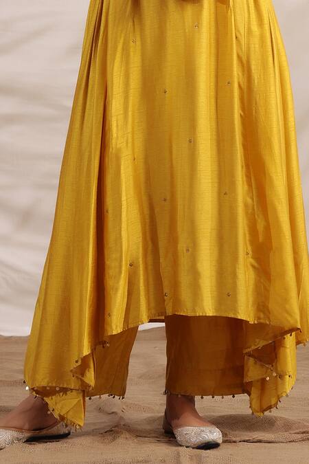 Label Niti Bothra_Yellow Silk Sequins, Embroidery V-neck Pankh Anarkali And Palazzo Set _Online_at_Aza_Fashions